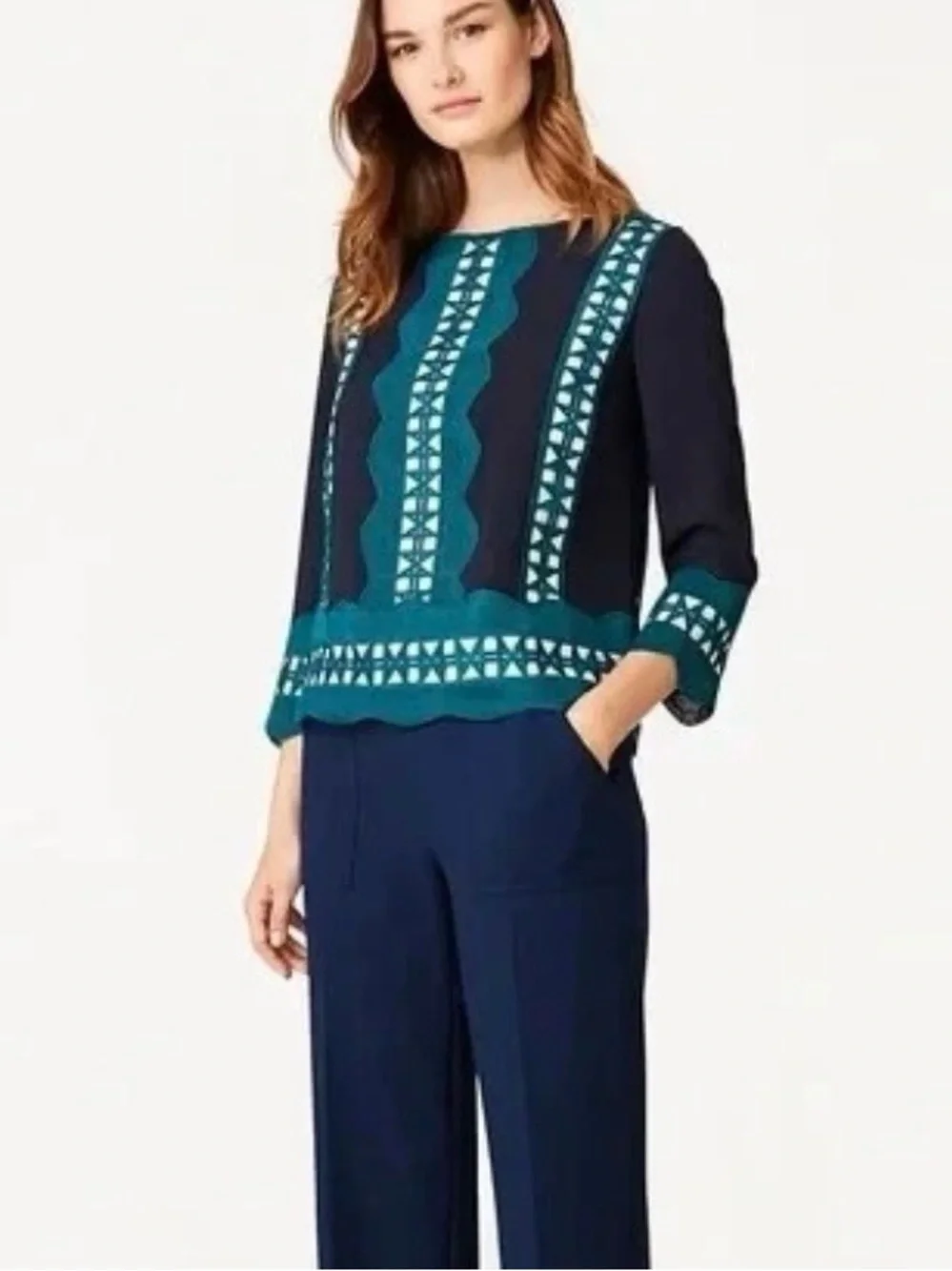 Tory Burch Germaine Boat Neck Embroidered Navy Blue & Teal Long Sleeve Silk Top